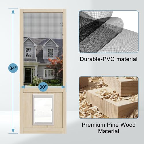 30" x 80" Pine Wooden Screen Door, with Built-in Dog Door - Universal Hinged Gauze Mesh Pet Door for Exterior/Interior, Pre-Assembled Easy Installation