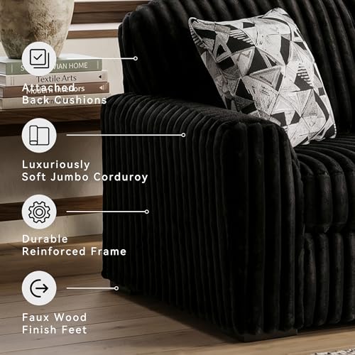 Image of Signature Design by Ashley Black Velvet Corduroy Loveseat, Midnight-Madness Sofa Couch, Quick and Easy Assembly, Engineered Wood and Wood Frame, Deep Seating, Onyx, 72-Inch