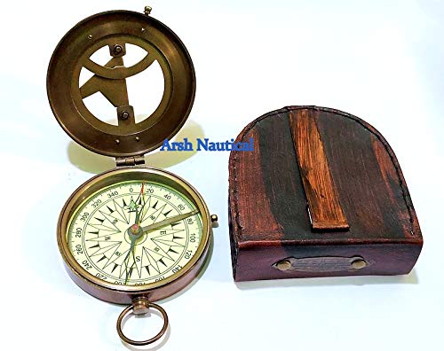Brújula magnética de latón vintage con estuche de cuero miniatura 6