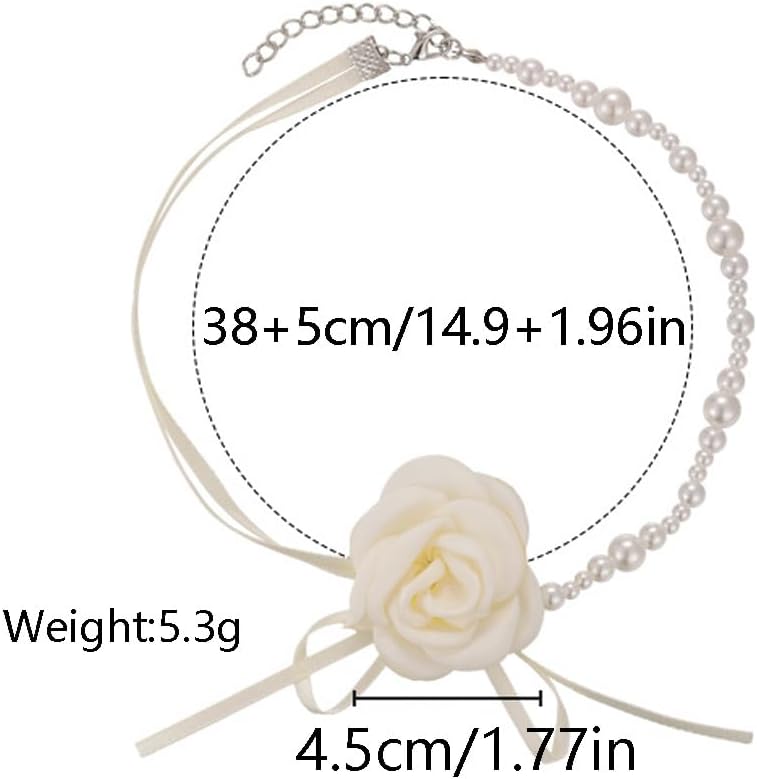 Pearl Camellia Flower Choker Necklace Satin Fabric Floral Pearls Lace Necklaces Collar Adjustable Link Chain Bride Wedding Elegant Jewelry for Women - Image 6