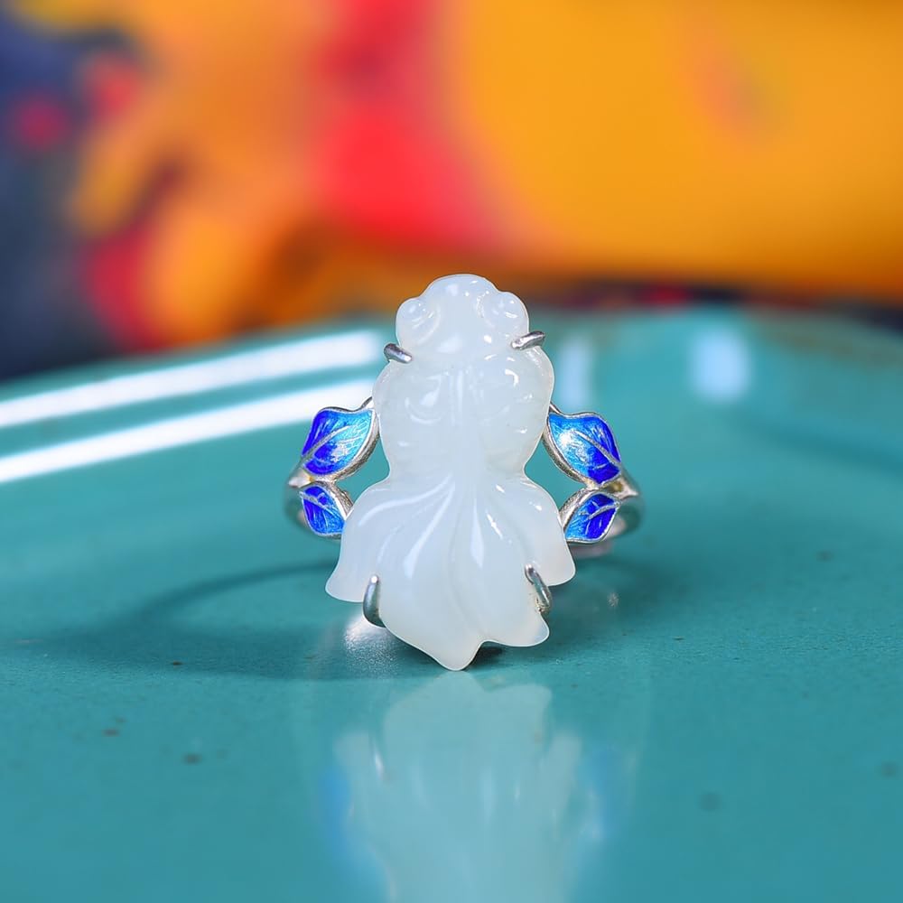S925 Silver-Inlaid Natural White Jade Goldfish Enamel Ring Opening Adjustable Including Certificate