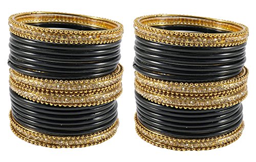 Image of NMII Glass With Zircon Gemstone Studded Worked and Ball Chain Or Plane Gloosy Finished Bangles Set For Women and Girls
