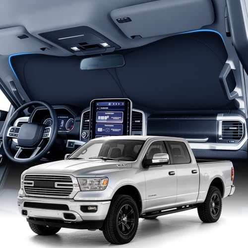 Large Windshield Sun Shade for Dodge RAM 1500 2019-2026 7-Layer Heavy-Duty UV & Heat Block Protection 3D Scanned Custom Fit & Instant Cooling Foldable Truck Accessories