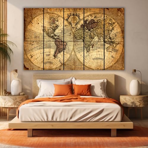 Image of NobleDecor Vintage World Map Wall Art, 5 Panel Canvas Print, Antique Globe Design, Rustic Home Decor (36x60)