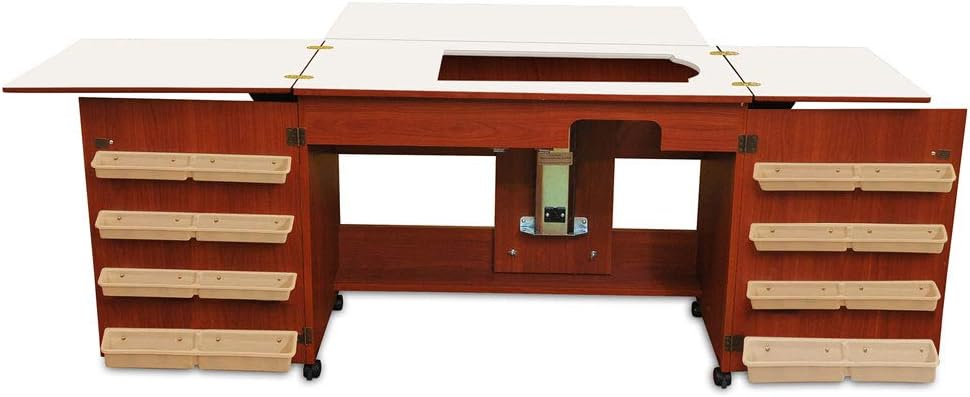 Arrow Sewing 702 Bertha Sewing Cabinet for Sturdy Sewing, Cutting, Quilting, Crafting, Portable with Wheels, Airlift, and Storage, Cherry Finish