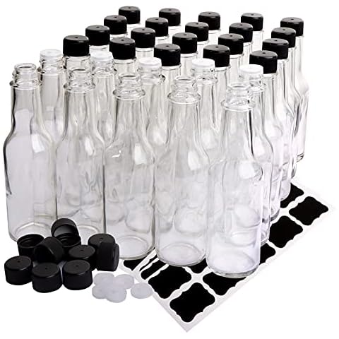 HINGWAH 30 Pack Hot Sauce Bottles, 5oz Clear Woozy Bottles with Leak Proof Black Screw Caps and Snap On Dripper Inserts, Empty Beverage Bottles with Labels Cover