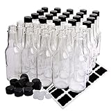 HINGWAH 30 Pack Hot Sauce Bottles, 5oz Clear Woozy Bottles with Leak Proof Black Screw Caps and Snap On Dripper Inserts, Empty Beverage Bottles with Labels