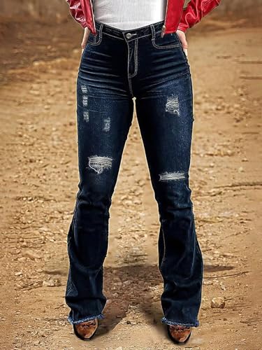 Flamingals High Waisted Flare Jeans for Women Stretchy Curvy Ripped Raw Hem 90s Trendy Western Bootcut Jean3