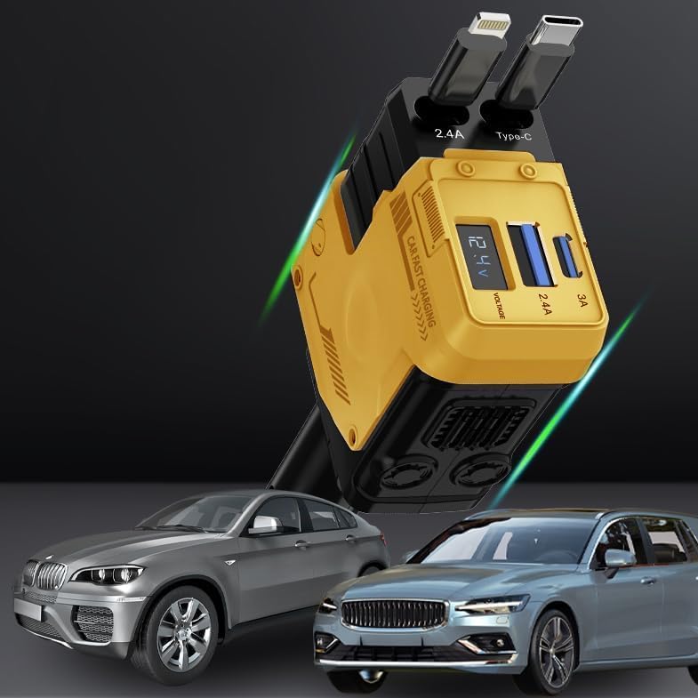 Image of Muvit Retractable Car Charger 120W 4-in-1 Fast Charging Car Phone Charger with 31.5 Inch Retractable Cables & 2 USB Ports | Compatible with iPhone 16 /15 /14 /13 /12 Pro Max /XR, iPad, Pixel,Samsung-Yellow