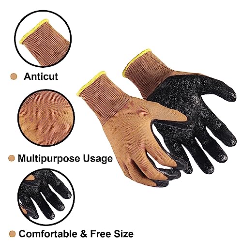 Image of Multipurpose Nylon Cut Resistance PU Nitrile Coating Work Safety Gloves, Hand & Fingers, Gardening, Mechanical, Construction, Agriculture & Automotive - Durable & Comfortable (4 Pairs Brown)