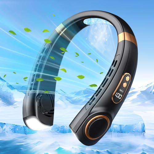 Khazna Neck Air Conditioner, 4000mAh Portable Neck Fan with borneol Cooling Airflow Bladeless USB Neck Fans Portable Recharge with 5 Speeds, LED Display, Personal Fan for Outdoor Travel Indoor(Black)