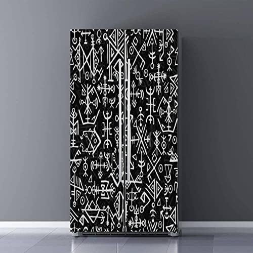 BSPWIRFNZPL Self Adhesive Vinyl Refrigerator Wrap Set Futhark Norse islandic and Viking Symbol Seamless Magic Hand Door Mural Style
