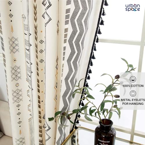 Image of Urban Space 100% Cotton Curtain for Long Door, Boho Decorative Curtains 8 feet with Eyelets and Tieback, Pack of 2 Curtains with 2 Cushion Covers (8 x 4ft, Cushion Cover- 16 x 16 inch, Boho Grey)