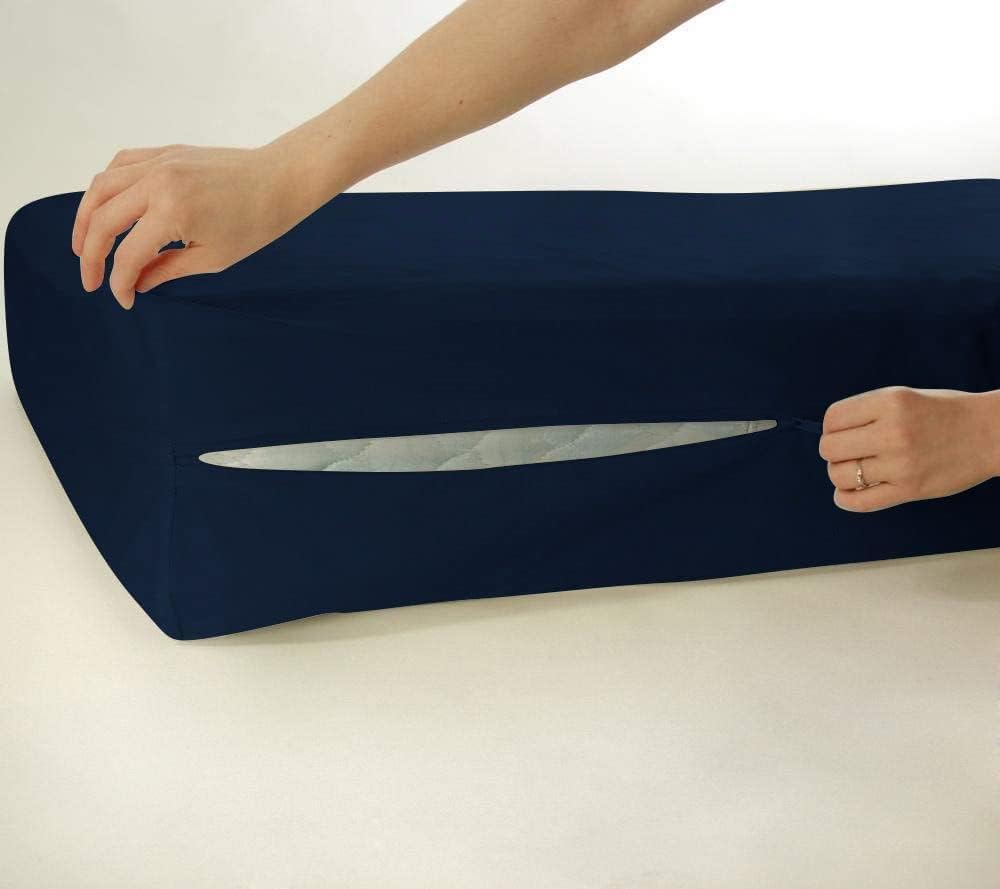 Zippered Fitted Sheet, Twin XL Size, 18" Deep Pocket Mattress, 100% Cotton 600 Thread Count, 1 Piece Zipper Fitted Sheet Only, Navy Blue Solid