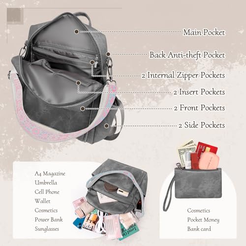 Image of Backpack Purse for Women, Waterproof PU Leather Back pack, Anti-Theft Women Backpack, Lightweight Fashion Multipurpose Purse Shoulder Bag Handbag, Grey