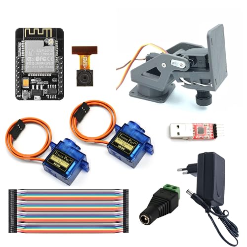 Image of ESP32 Cam Pan and Tilt DIY Kit with Step by Step Instructions, USB Programming Cable, 5V Power Supply, Servos, and Servo PAN tilt Brackets