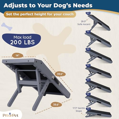 Dog Ramp for Couch – Non-Slip, Sturdy Build Foldable Wooden Dog Ramp – Supports up to 200 lbs – 7 Adjustable Heights (14"–20.5") – Enhanced Stability – Birchwood Pet Ramp for Small Dogs – Gray by PRIORPET - Used condition - Image 5