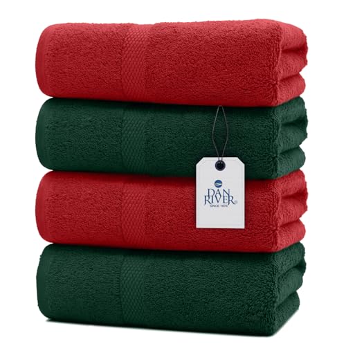 Image of DAN RIVER Decorative Bath Towels Set of 4, 27 x 54 Inches for Your Loved Ones or a Festive Treat for Yourself. 100% Cotton, Larger & Lighter Weight, Ideal Red & Green Bath Towels.