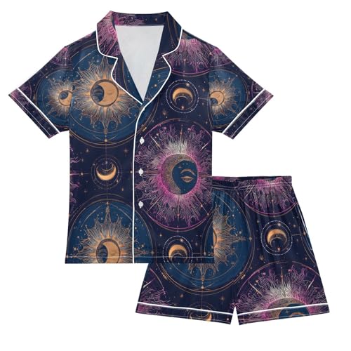 senya Dreamy Moon Constellations Satin Summer Pajama Sets Silk Short Sleeve Button Down Sleepwear