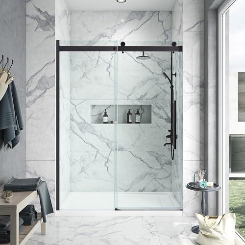OVE Decors Bel 60-in W x 81-in H Frameless Sliding Shower Door Alcove Shower Kit, Shower Base and Misty Shower Wall Included in Oil-Rubbed Bronze and Clear Glass
