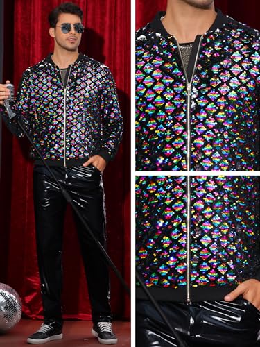 Lars Amadeus Argyle Sequin Bomber Jacket for Men's Party Club Shiny Baseball Varsity Jacket4