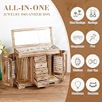 Miratino Jewelry Box for Women Girls, Rustic Wooden Jewelry Organizer Box with Mirror, 5 Layer Jewelry Storage Case Display for Necklaces Earrings Rings Bracelets Valentine's Day Gifts - Image 3
