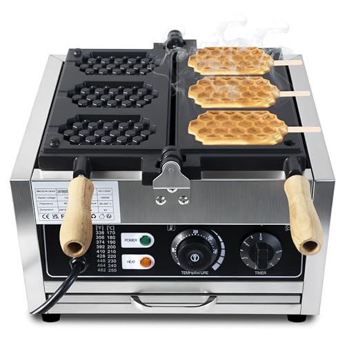 Image of Commercial 1500W Nonstick Electric 3-Slice Honeycomb Waffle Pop Maker,Stainless Steel Square Waffle Maker Machine w/Temperature and Time Control for Bakeries Snack Bar Family