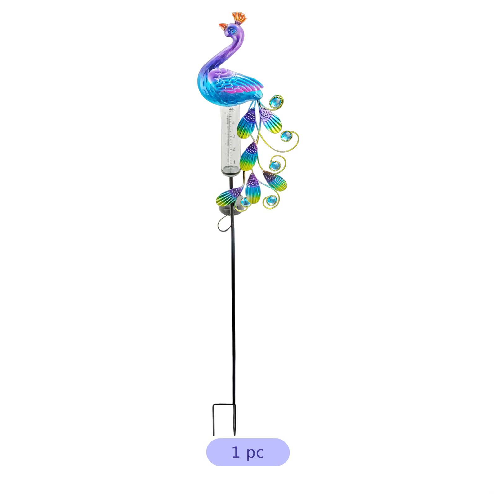 Pluviomètre en métal avec piquet de jardin en forme de paon - Lampe solaire de 101,6 cm avec accents de bijoux pour décoration artistique de cour