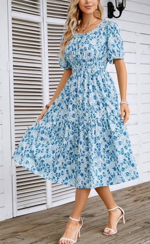 Image of Kormei Women Summer Casual Boho Floral Round Neck Short Sleeve Smocked Waist Tiered Flowy Swing Midi Dress S Light Blue Floral