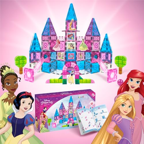 Disney Princess Toys Magnetic Tiles Castle Set - 172-Piece STEM Building Toy with Ariel, Moana, Snow White, Tiana & Rapunzel Characters, Marble Run...