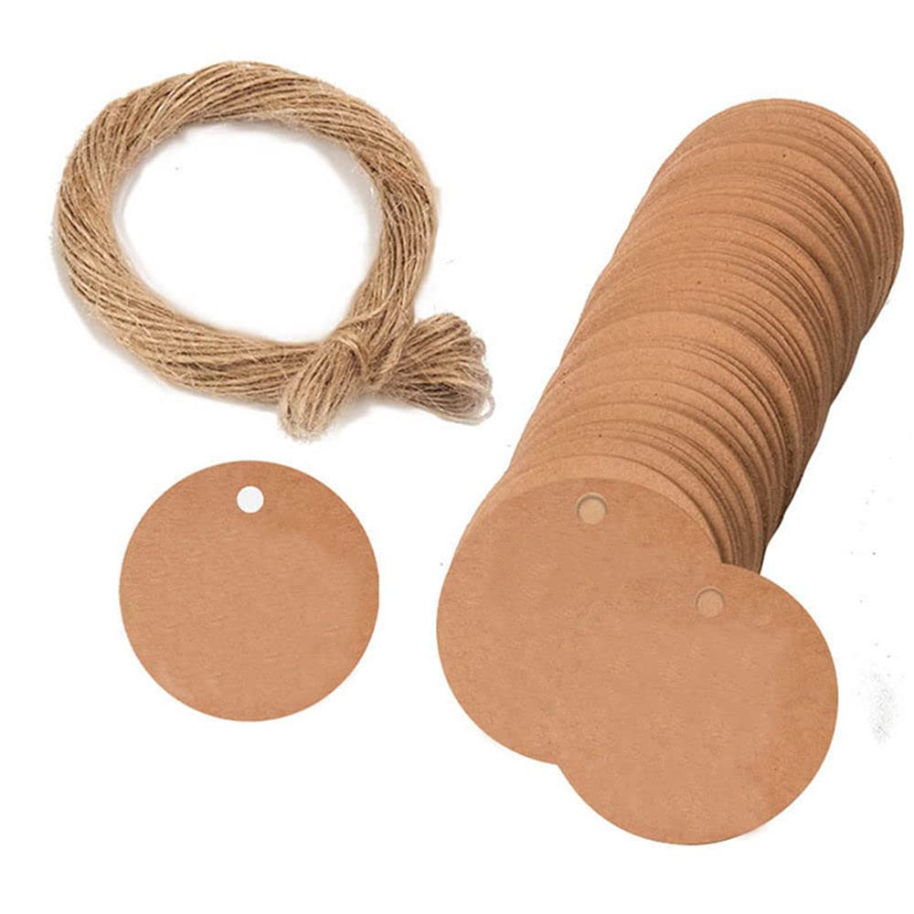 GIVBRO 100pc Blank Gift Tags Kraft Paper Labels Present Hanging Round Cards with Strings for Candy Box Decoration - 4cm