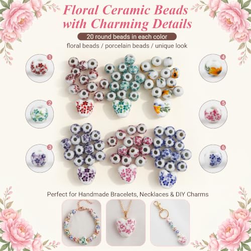 Ceramic Beads, Heart Beads, Round Porcelain Beads 8 mm Multicolor Flower Printed Spacer Beads Handmade Porcelain Craft Beading Kit for Jewelry Making Supplies DIY Crafts Bracelets Necklace (1) - Image 6
