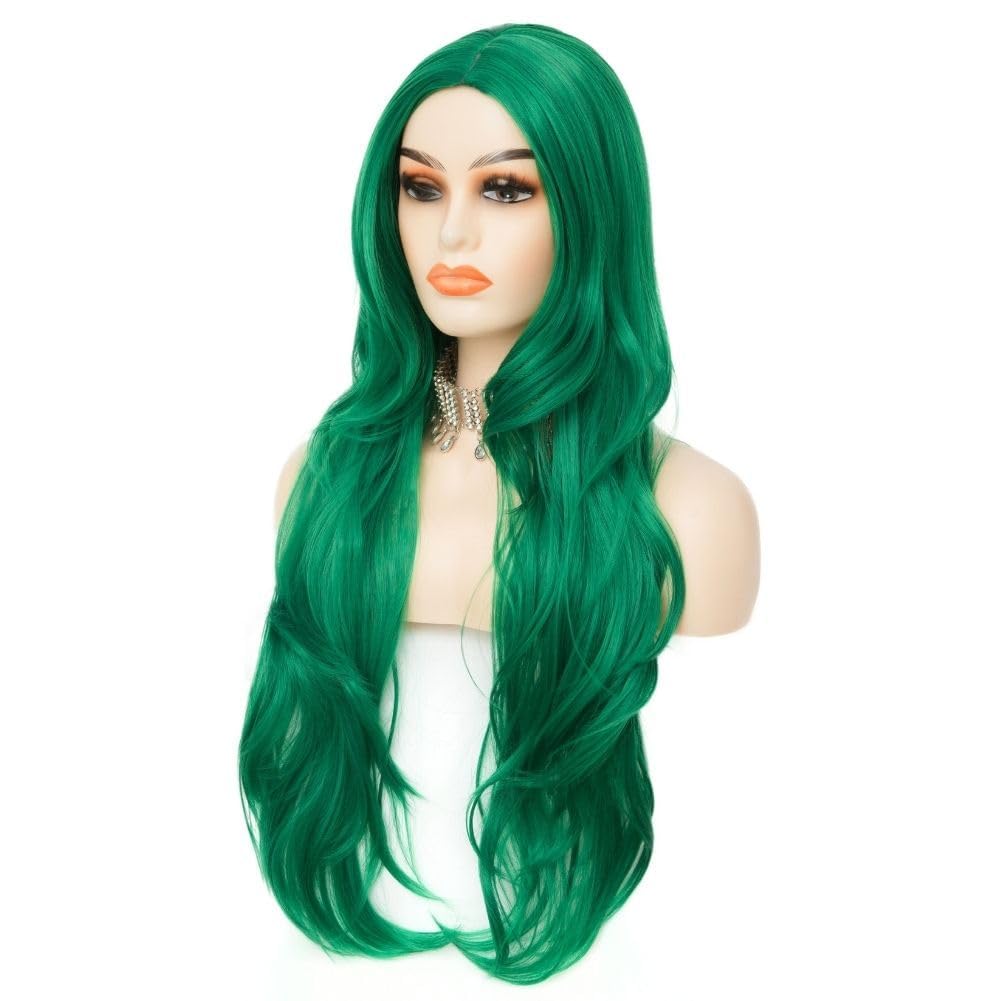 Siudus Green Long Curly Wigs for Women 28 Inch Cosplay Wavy Middle Part Natural Synthetic Heat Resistant Halloween Costume Party Hair Wig - Image 4