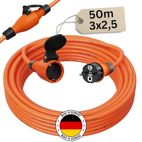 Verlängerungskabel 50 Meter IP54 Außen Verlängerung 50m Stromkabel Außenbereich Kabel Strom Verlaengerungskabel Gummikabel H07BQ-F 3x2,5 Schuko Outdoor Extension Cord