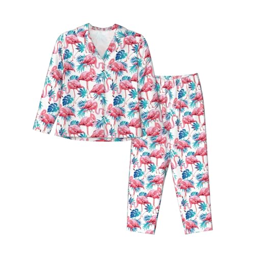Conjunto de pijama de manga larga para mujer, estampado de hojas y plantas verdes con estampado de flamencos, ropa de dormir para mujer, pijama de cintura elástica, Negro, XXL