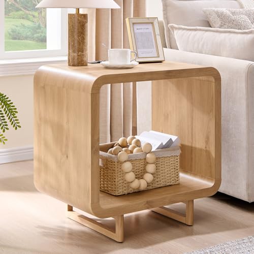 IFGET 23.6" Modern End Table, 2 Tier Side Table with Charging Station, Simple Bedside Table with Open Storage Shelf, Outlet, Wooden Nightstand for Bedroom, Living Room, Easy Assembly, Natural Oak