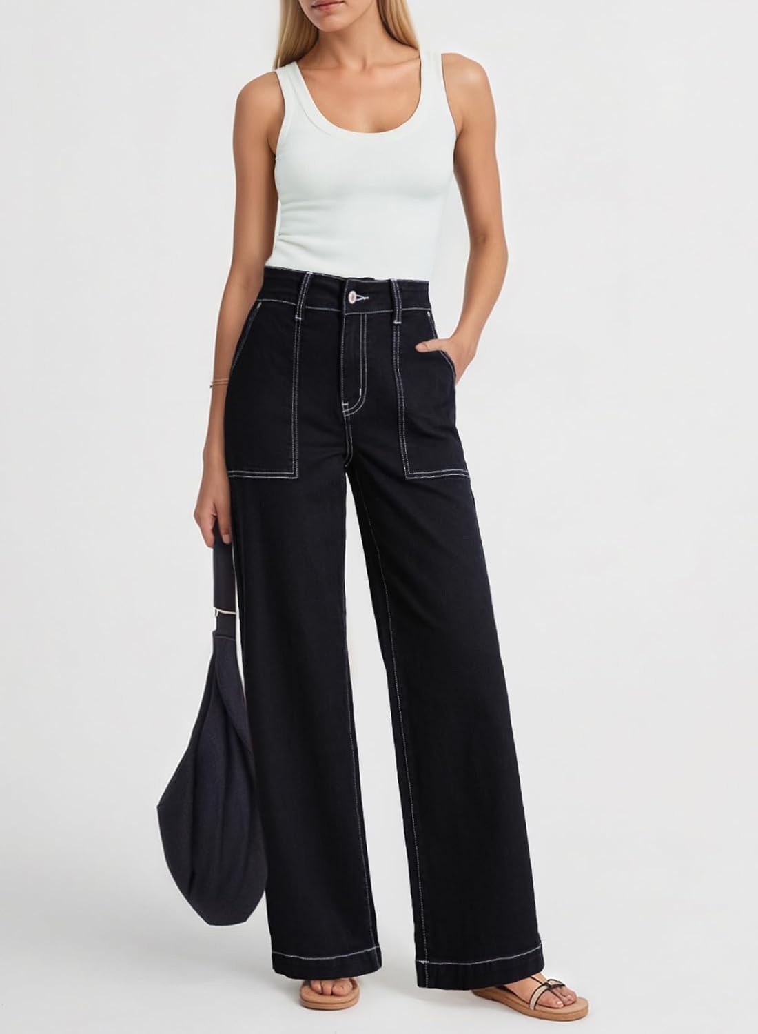 Dokotoo Women's Pants High Waisted Jeans Stretch Loose Fit Colorblock Denim Pants with Pocket - Image 4