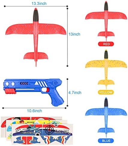 HFHY Airplane Launcher Toy, Catapult Aeroplane Toys, 3 Pack Foam Throwing Glider Plane Toys with Gun, Outdoor Garden Sport Birthday Gift for Kids Age 4 5 6 7 8 9 10 Years Old Boys Girls, 3pack