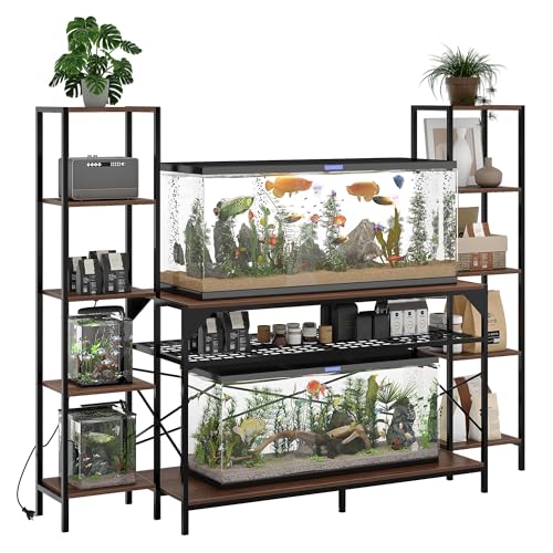 FinerFurnis Heavy Duty 20-90 Gallon Aquarium Stand – Power Outlet & 4-Tier Storage Shelves – 12-Leg Support 860lbs Capacity, Table for Reptile & Fish Tank – Modern Living Room Furniture – Black +Brown