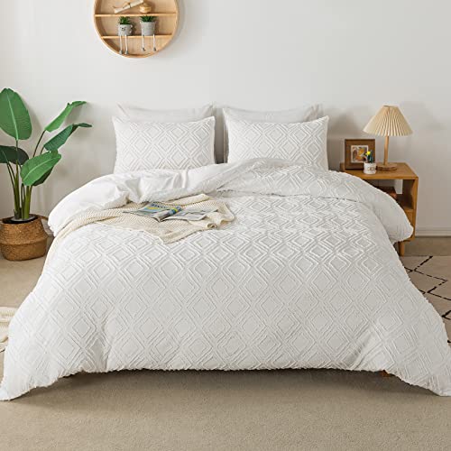 Lamourbear Jacquard & Tufted Duvet Cover Full Size White Bedding Set, All Seasons Comforter Cover, With Double-End Sliders Zipper Closure, 8 Ties, 3 Piece (2 Pillowcase, 1 Duvet Cover), F White #TOP7