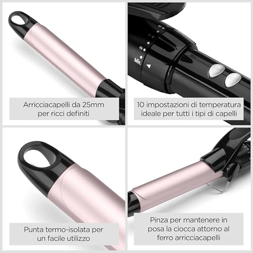 BaByliss Ferro arricciacapelli 25mm, Satin Touch, 10 temperature, riscaldamento rapido, supporto integrato, Nero e rosa, C325E - 4