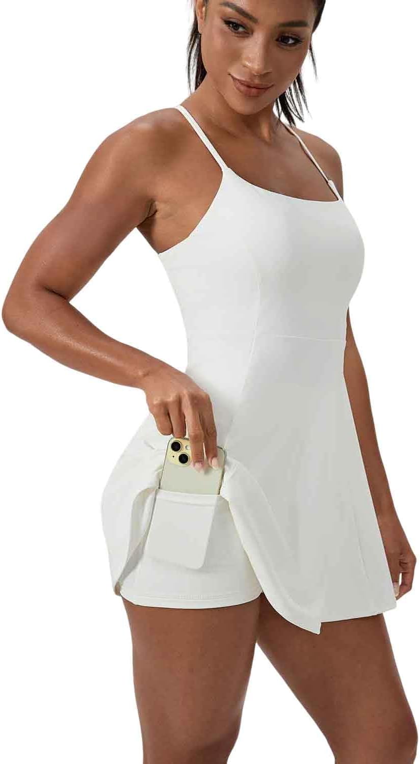 Women's Sports Dress with Shorts, Support Bra & Two Pockets Adjustable Thin Spaghetti Straps for Tennis, Golf