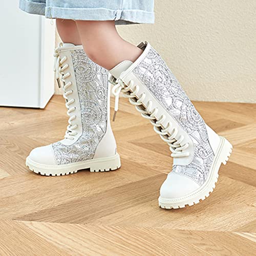Girls Waterproof Glitter Sequins Leather Lace-Up Knee High Winter Fashion Mid Calf Combat Riding Boots (Toddler/Little Kid/Big Kid)4