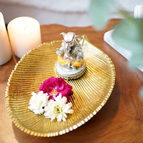 Image of Behoma Metal Leaf Shape 11 & 8 inches Tray | Perfect for Haldi, Mehendi, Reception Entrance Decoration | Special Navratri Tray for Centre Table | Gold (Set of 2) 1 Large & 1 Small (Only Trays)