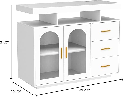 Miniatura 2 de HWB Aparador buffet con almacenamiento con 3 cajones y 2 puertas, sensor automático de 20 luces de color, mesa consola con estación de carga,