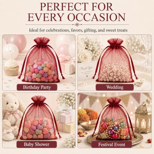 Image of ANZNKU 100 PCS Organza Bags 5 x 7, Burgundy Small Mesh Gift Bags Drawstring