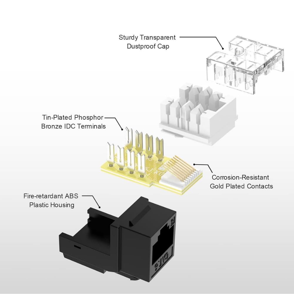 Lot de 25 prises Keystone CAT5e - 8 conducteurs RJ45, câblage T568A/B, 110 IDC avec couvercle anti-poussière - Noir