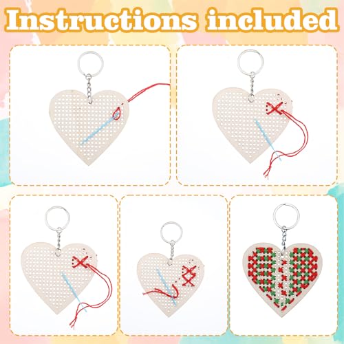 Image of Ymapinc Beginner Embroidery Cross Stitch Keychain, 6Pcs Mini Sewing DIY Key Chains for Beginners Age 5-8, Small Cross Stitch Wood Pentagram and Heart Shaped Needles Sewing