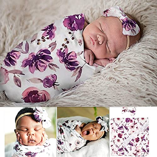 Image of Newborn Floral Receiving Blanket Baby Girls Swaddle Wrap and Headband Set