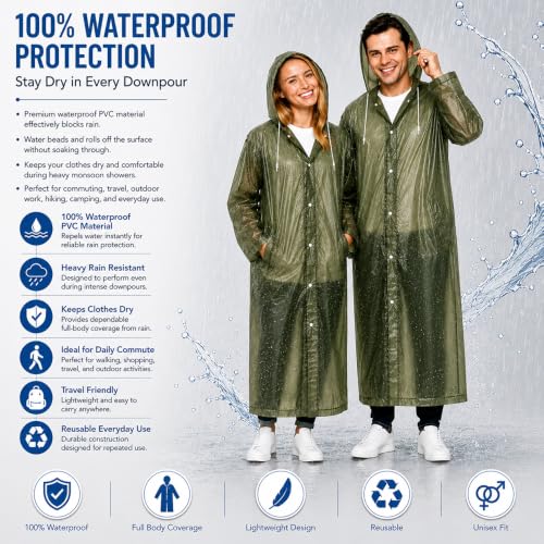 Image of OTOROYS Waterproof Long Rain Coat with Hood for Men, Women, Boys & Girls | Universal Full Length Reusable PVC Raincoat | Lightweight Portable Rain Ware for Bike Riding, Travel & Outdoor, Olive